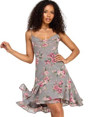 Katia Rae Grey Pink Floral A-Line Mini Dress Prom Event Party Juniors XS